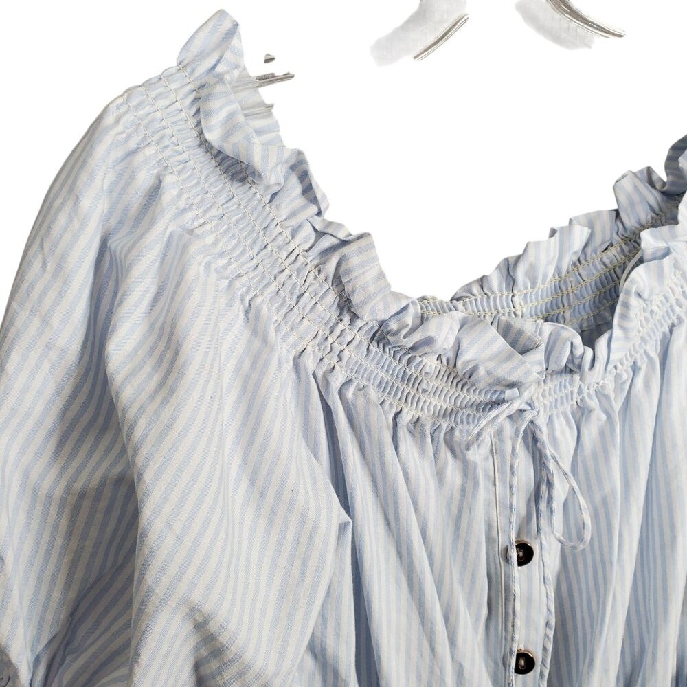 Gianni Bini Size L Dress Off Shoulder Puff Sleeve Coastal Stripe Country Cottage - Picture 7 of 12
